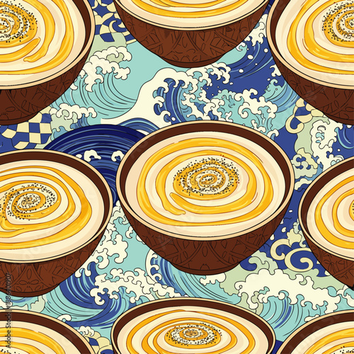 Seamless pattern featuring stylized bowls of creamy dessert with golden honey swirls and sesame seeds, set against a vibrant blue Japanese wave art background.