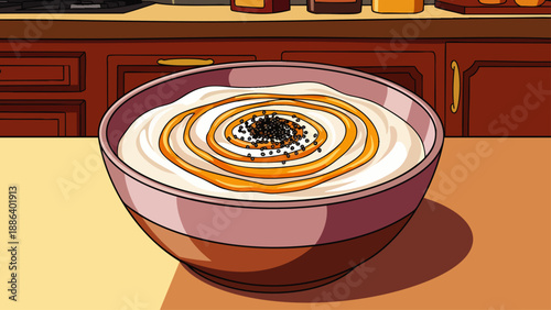 Vibrant cartoon drawing of a delicious yogurt bowl topped with golden honey and black sesame, set in a cozy kitchen environment, ideal for culinary themes.