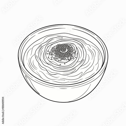 Detailed hand-drawn line art illustration of a bowl of delicious, creamy hummus or Middle Eastern dip, topped with seeds, isolated on white.