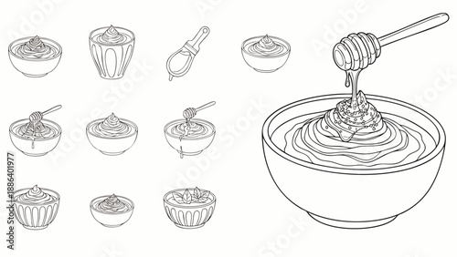 Line art illustration set featuring various bowls of golden honey with a wooden dipper, perfect for sweet food, dessert, natural products, and healthy eating concepts.