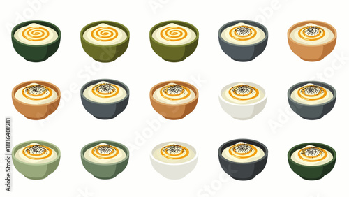 Collection of creamy food bowls with swirled topping and garnish, presented in various colored dishes. Vector illustration of delicious breakfast or dessert icons.