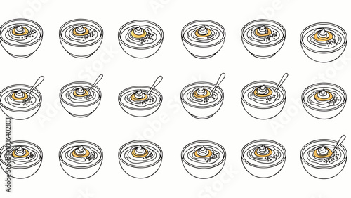 Seamless pattern of delicious creamy hummus in bowls with a spoon, a healthy and popular Middle Eastern and Mediterranean food illustration.