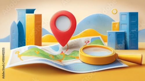 Abstract 3D Navigation Map with Colorful Location Pins in Soft Pastel Landscape