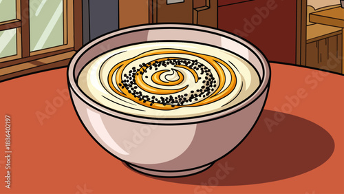 Cartoon illustration of a creamy white bowl of food, possibly yogurt or hummus, topped with a golden swirl and black sesame seeds, on a red table.