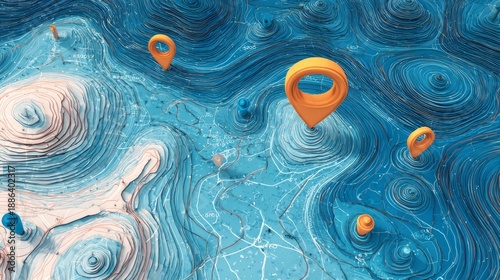  Abstract 3D Navigation Map with Colorful Location Pins in Soft Pastel Landscape