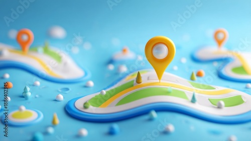  Abstract 3D Navigation Map with Colorful Location Pins in Soft Pastel Landscape