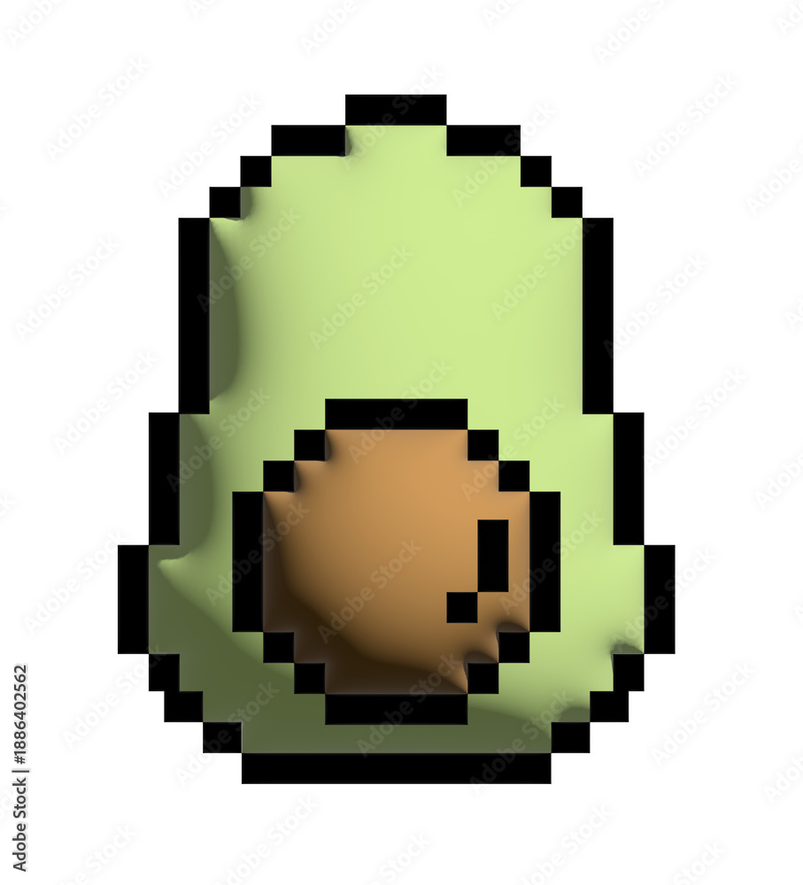 Obraz premium 3D pixel art illustration of inflated avocado for decoration, food icon, grocery shopping, cartoon, supermarket, print, garden, healthy ingredients, cook book, smoothie, organic fruit, summer vibe