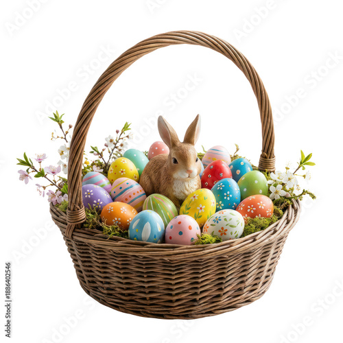 Easter basket filled with colorful eggs and a cute bunny surrounded by small flowers and greenery no background