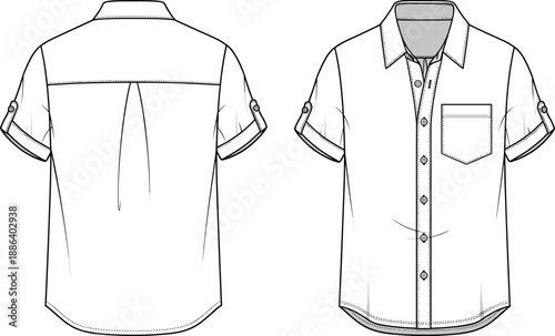 Men's short sleeve shirt technical fashion illustration, vector flat drawing, button up design template, front and back view, casual clothing sketch, isolated white background.