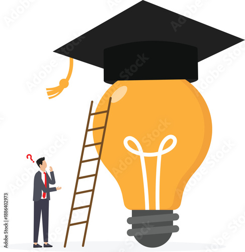 Education or help create business idea, skill and knowledge empower creativity concept, businessman climb up bright light bulb idea waring mortarboard graduation cap.
