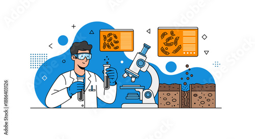 Scientist Conducting Research with Microscope and Test Tubes.