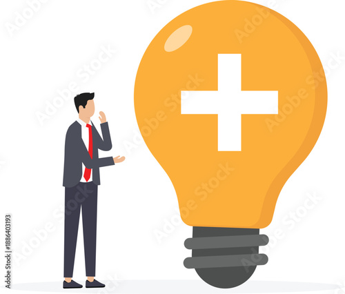 Positive thinking bring success to work and living, inspiration and happiness in work concept, businessman standing with bright lightbulb idea with positive sign.
