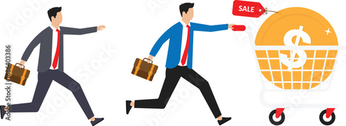 Buying Bitcoin on sale when cryptocurrency price crash to make profit concept, smart man buying or purchasing crypto currency Bitcoin in shopping cart trolley to speculate earning in the future.

