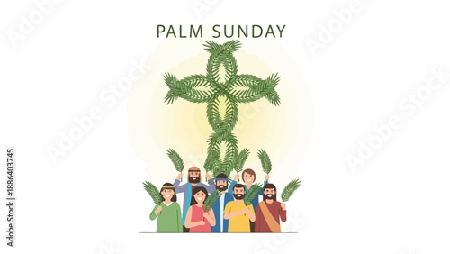 Palm Sunday Cross and People Gathering.