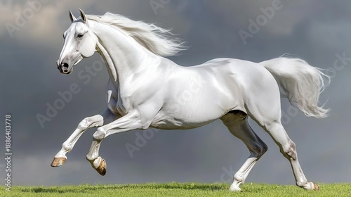 Majestic White Horse Running Freely Across Open Field