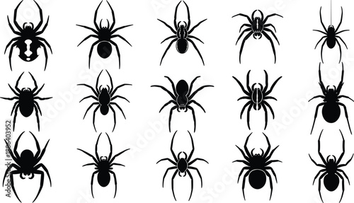 Spider Silhouette Collection Featuring Various Arachnid Shapes And Poses, Black Creepy Insect Vector Illustration Set For Halloween, Tattoos, And Design