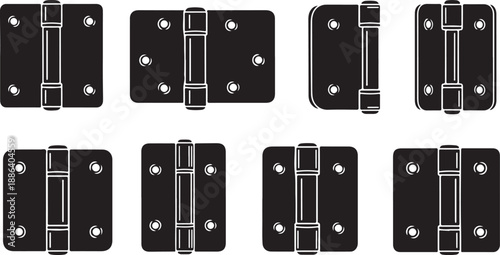 Collection of black metal door hinges on white background