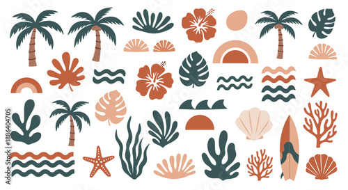 Collection of tropical beach elements including palm trees shells waves coral and hibiscus flowers in warm tones.