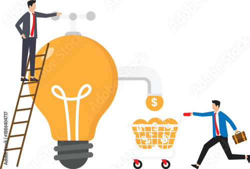 Idea to make money and earning or profit from business creativity, financial advise to gain more wealth or success rich investor concept, businessman open lightbulb idea faucet to earn money coins.
