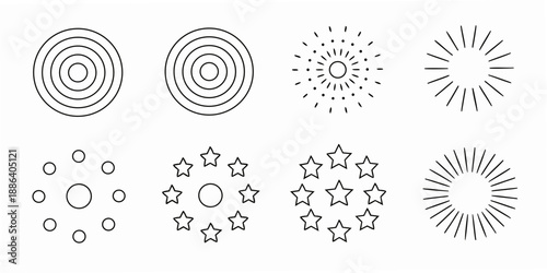 Black and white linear illustration featuring various circular and starburst patterns