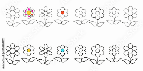 A row of simple flower illustrations some with colored centers on a white background