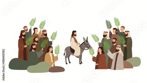 Jesus Christ Riding Donkey with Disciples.