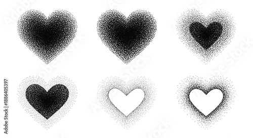 Set of six heart shapes made with black stippling dot art in various fading and hollow patterns for design.