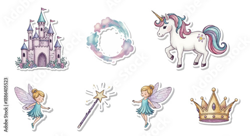 A magical collection of fairy tale illustrations, perfect as a sticker icon set for a whimsical nursery. These intricate vector art illustrations showcase a sparkling castle, unicorn, fairy, wand, and