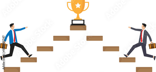Business competition and employee motivation to success and rivalry or conflict and contest or challenge to achieve target, effort and walk up stair compete to win trophy.
