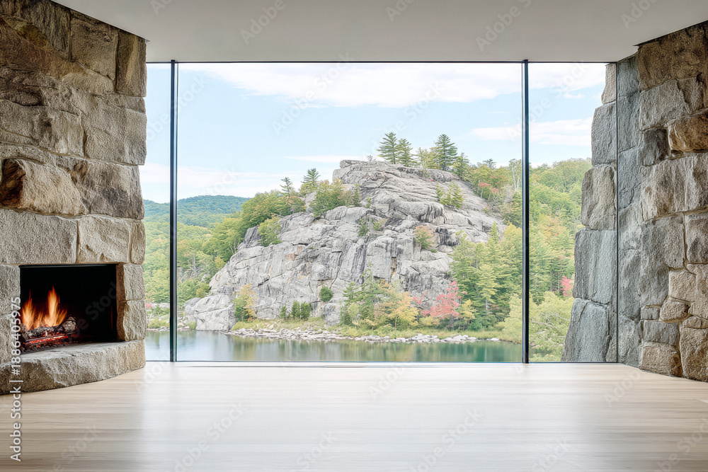 Fototapeta premium Scenic view of a modern interior with a stone fireplace and a mountain lake backdrop during a sunny day