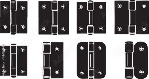 Collection of various black metal hinges on white background