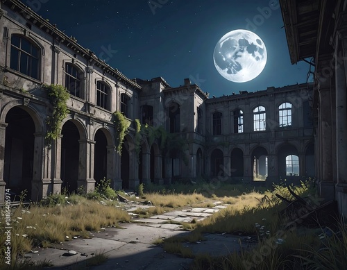A large abandoned building with a moon in the background