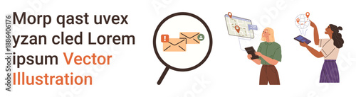 Digital marketing, communication, navigation, technology, email tracking, online collaboration. Magnifying glass highlighting email, figures using devices with maps. Digital marketing