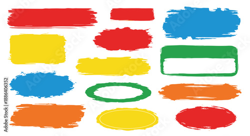 Collection of colorful paint brush strokes and rectangular textured shapes in red yellow blue orange and green colors.