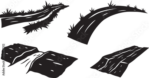 Black and white road sections with grass and cracks