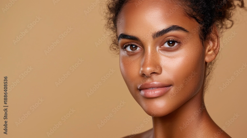 Naklejka premium Beautiful woman with natural makeup and glowing skin against a warm beige background showcasing health and confidence