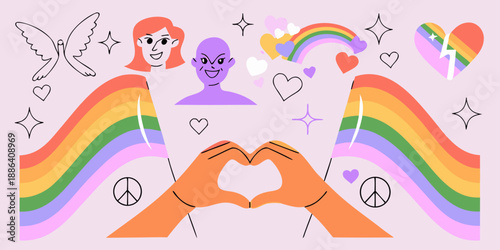 A colorful illustration celebrating diversity love and inclusivity with rainbow elements
