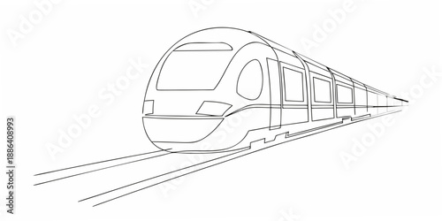 A minimalist line drawing depicts a speeding high speed train on tracks