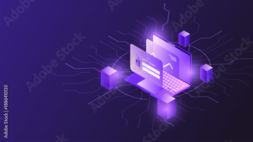 Futuristic 3D laptop with padlock and blockchain data charts for cybersecurity technology concept