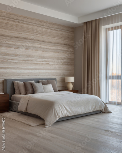 Modern bedroom design with natural tones and soft lighting in a cozy home setting