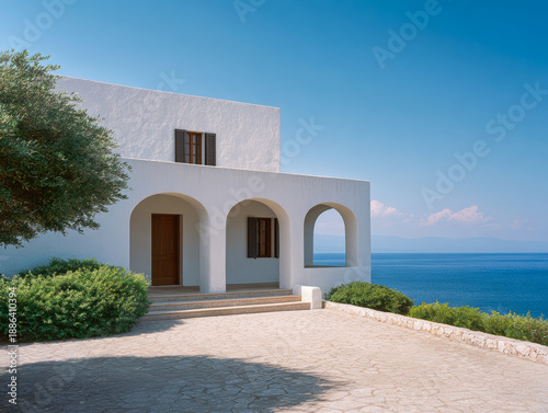Stunning white house with arches overlooking a calm blue sea on a sunny day in a Mediterranean location