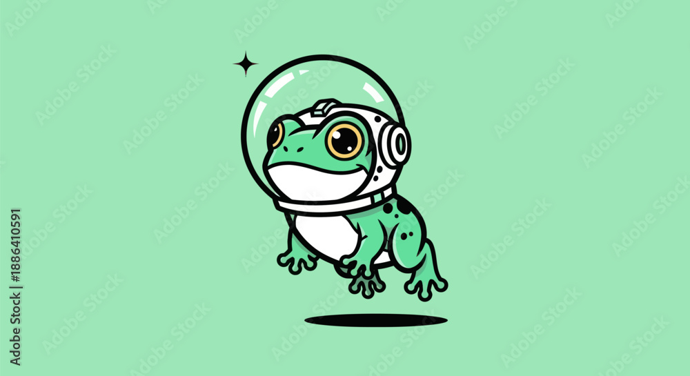 Obraz premium Cartoon frog astronaut on green backdrop