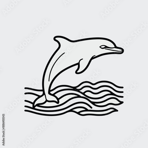 Vector art of black and white outline and silhoutte of a dolphin jumping out of the ocean waves.
Dolphin Line Art Vector – Minimal Ocean Wave Outline Illustration.