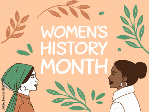womens history month celebration with diverse women and leaves on orange background
