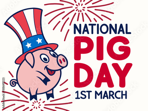 National Pig Day celebration with a smiling pig in a patriotic hat and fireworks on white background