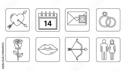 Collection of icons representing love and wedding elements on transparent background viewed from a straightforward perspective.