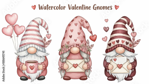 Three watercolor gnomes holding hearts and mugs, surrounded by floating hearts, in a festive Valentine's Day scene.