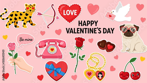 A vibrant collection of valentine's day elements, including animals, hearts, and gifts, arranged in a playful collage on a soft background