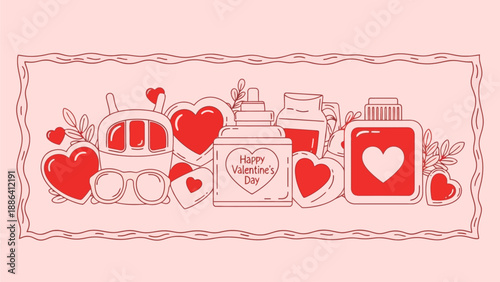 Valentine's Day gift set illustration with hearts, chocolates, and perfume bottles