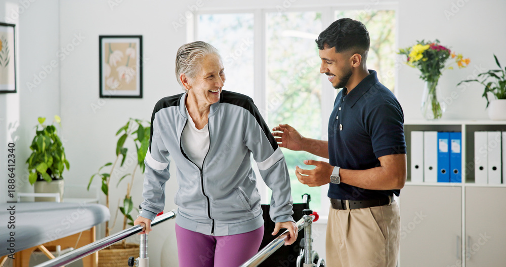Fototapeta premium Man, elderly patient or physiotherapist with walker rail for balance or stability in clinic. Senior, male person or health physio with assistance or help for muscle recovery or movement in practice